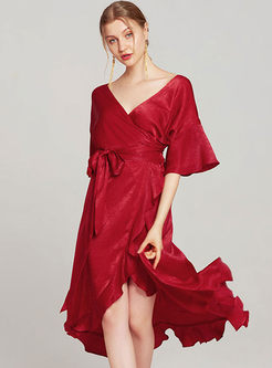 Sexy Red V-neck High Waist Asymmetric A Line Dress
