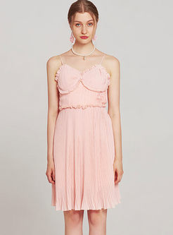 Pink Sweet Chiffon Ruffle Stitching Pleated Dress