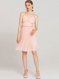 Pink Sweet Chiffon Ruffle Stitching Pleated Dress