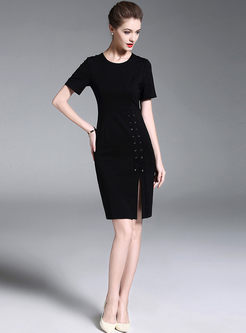 Black Elegant Lace-up Split Bodycon Dress