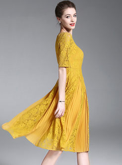 Yellow Lace Elegant Round Neck A Line Dress