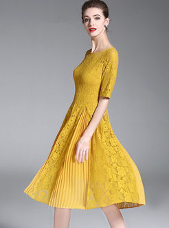 Yellow Lace Elegant Round Neck A Line Dress