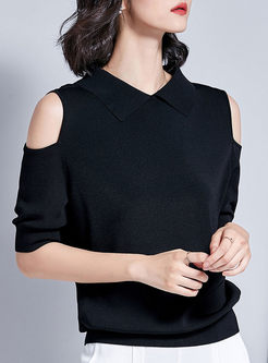 Black Lapel Off The Shoulder Knitted Top