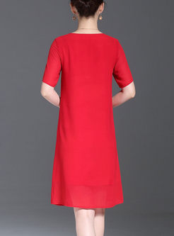 Red Embroidery Short Sleeve Shift Dress