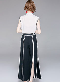 White Sleeveless Bowknot V-neck Top & Fashion Split Wide Leg Pants