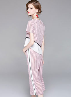 Pink Asymmetric Striped Top & High Waist Wide Leg Pants