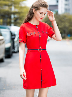 Red Work Belted Slim A Line Dress
