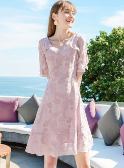 Pink Elegant V-neck Chiffon Dress