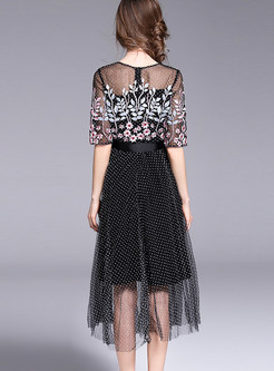 Black Elegant Mesh Embroidery Midi Dress
