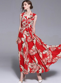 Red Leaf Print Belted Sleeveless Maxi Dress