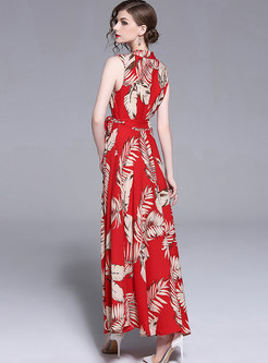Red Leaf Print Belted Sleeveless Maxi Dress