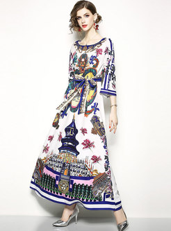 Retro Printed Belted Maxi Dress
