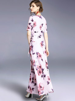 Elegant Flower Print Belted V-neck Maxi Dress