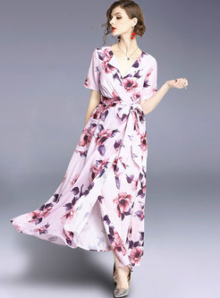Elegant Flower Print Belted V-neck Maxi Dress