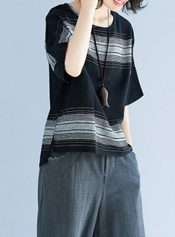 Black Loose Striped Plus Size T-shirt