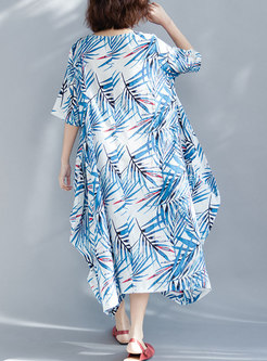 Blue Bamboo Leaf Pattern Maxi Dress