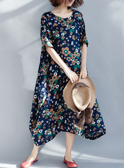Ethnic Flower Print Half Sleeve Maxi Dress
