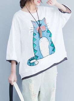 White Cartoon Cat Design T-shirt