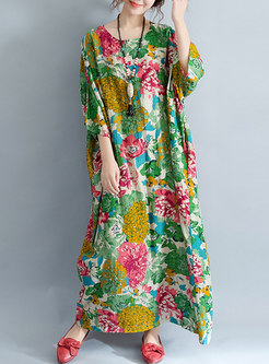 Ethnic Flower Print Loose Maxi Dress