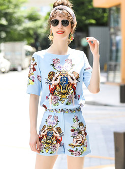 Blue Fashion Floral Print Two-piece Outfits