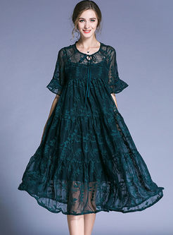 Dark Green Elegant Embroidery Plus Size Dress With Slip Dress