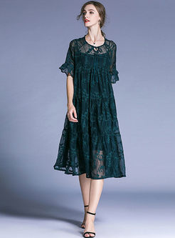 Dark Green Elegant Embroidery Plus Size Dress With Slip Dress