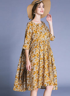 Yellow Floral Print Cotton Plus Size Shift Dress