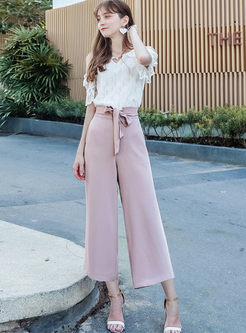 Casual Pure Color Belted All-match Wide Leg Pants