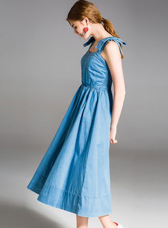 Fashion Denim Big Hem Stitching Slip Dress