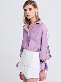 Purple Fashion Tied Split Hollow Out Blouse