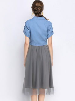 Blue Street Lapel Blouse & Mesh A Line Skirt