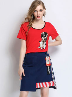 Red Spangle T-shirt & Asymmetric Trendy Denim Skirt
