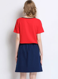 Red Spangle T-shirt & Asymmetric Trendy Denim Skirt