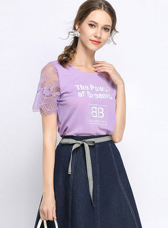 Purple Lace Stitching Letter Print Top & Street Denim A Line Skirt
