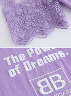 Purple Lace Stitching Letter Print Top & Street Denim A Line Skirt