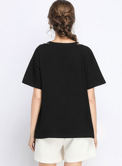 Fahion Black Print V-neck Plus Size T-shirt