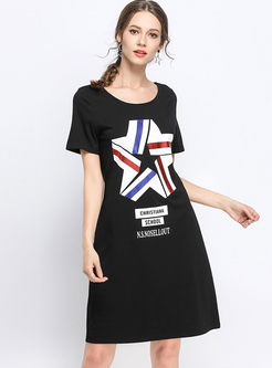 Black Print Short Sleeve Cotton T-shirt Dress