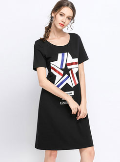 Black Print Short Sleeve Cotton T-shirt Dress