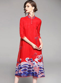 Red Retro Embroidery Stand Collar Shift Dress