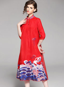 Red Retro Embroidery Stand Collar Shift Dress