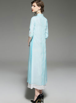 Light Blue Elegant Embroidered Long Shift Dress With Underskirt
