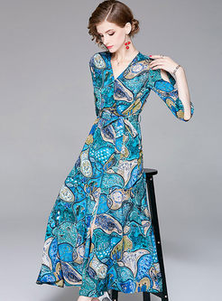 Blue Floral Print V-neck Split Big Hem Maxi Dress