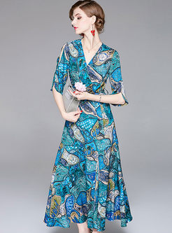 Blue Floral Print V-neck Split Big Hem Maxi Dress