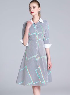 Casual Lapel Single-breasted Print A Line Shirt Dress