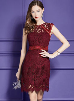 Deep Red Lace Hollow Out Splicing Elegant Sheath Dress