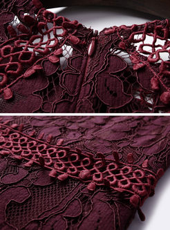Deep Red Lace Hollow Out Splicing Elegant Sheath Dress