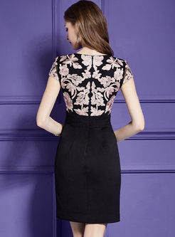Black Elegant Embroidery Stitching Sheath Dress
