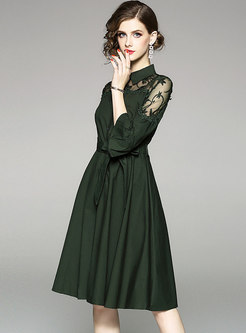 Mesh Embroidery Splicing Lapel A Line Dress
