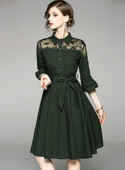 Mesh Embroidery Splicing Lapel A Line Dress