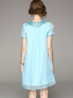 Blue Nail Bead Sequin Chiffon Dress